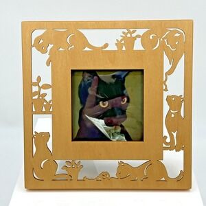 Wood Carved Cut‎ Out Cat Kitten Picture Frame Plants Quirky Kitschy Photo Gift